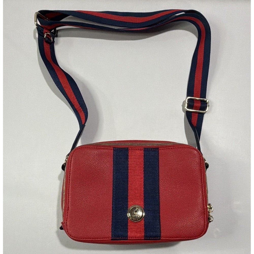 Polo Red/Blue Striped Crossbody Bag, Adjustable Strap, Double Zip